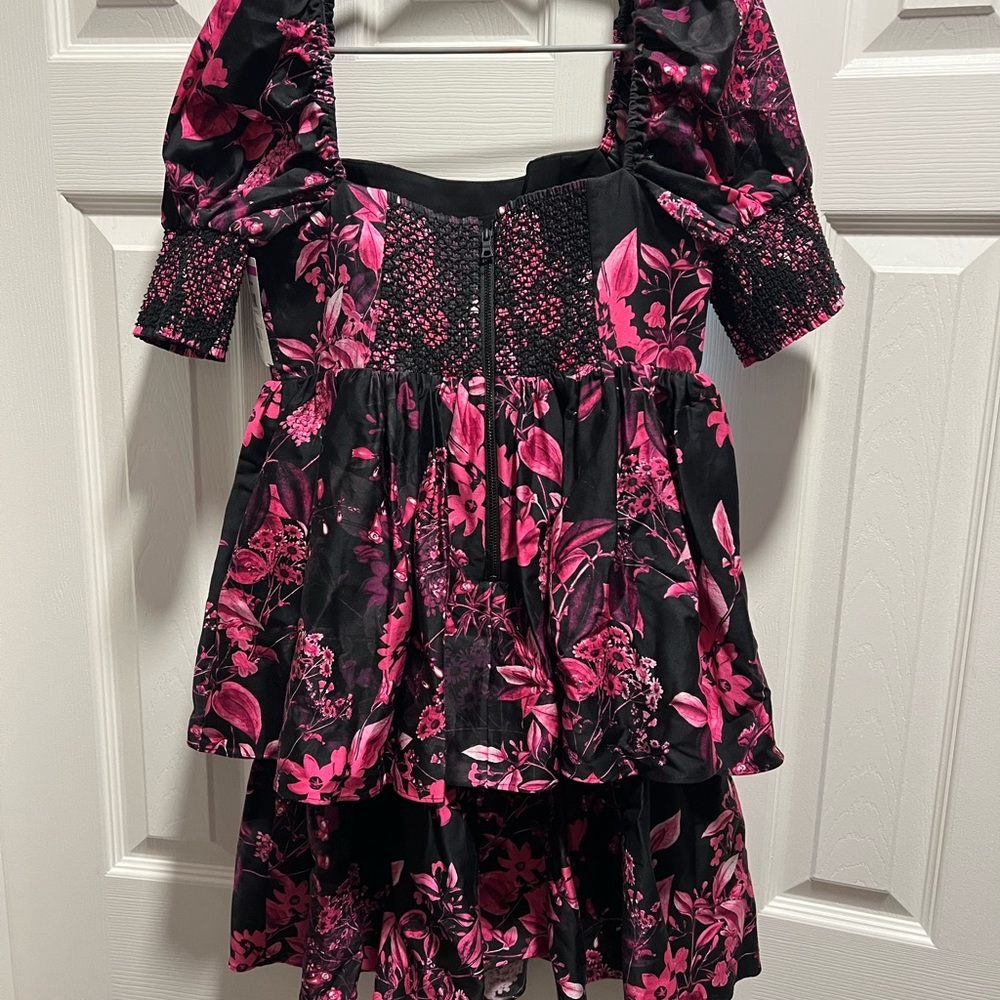 Alice + Olivia Black Mini Dress with Pink Floral Print - Picture 2 of 4